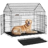 Feandrea Hundekäfig, Hundebox, 120 x 72,5 x 109 cm, Metall, Haustierkäfig faltbar, XXL, für große Hunde, mit Doppeltür, leicht zu reinigen, für Zuhause, Auto, tintenschwarz PPD015B01