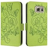 YIPCFXDJ Handy-Geldbörsenhülle Kompatibel mit Samsung Galaxy S6 Hülle, Brieftaschen-Hülle, schmale Flip-Folio-Hülle aus PU-Leder, stoßfeste Schutzhülle mit Kartenfächern + Handschlaufe(Green)