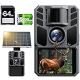 FKPCAM 4K 64MP Wildkamera Solar, Eingebaute 5000mAh Lithium-Batterie, 0.1s Auslöser Bewegungsaktiviert, mit 64GB Speicherkarte, Wildtierkamera mit Nachtsicht, IP67 Wasserdicht 130° Weitwinkel