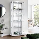 K-Möbel Glasvitrine in Weiss (176x67x33 cm) mit 4 höhenverstellbaren Glasböden & LED - Modellauto Vitrine Weiß - Vitrinenschrank Weiss - Sammlervitrine - Wohnzimmerschrank Regal Wand Schrank Glasturm