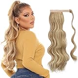 FESHFEN Lang Pferdeschwanz Extensions Gewellt Lockig Clip in Ponytail Wavy Curly Synthetik Haare Extensions Haarverlängerung Zopf Haarteil Ponytail Helles Aschbraun & Bleichblond, 60 cm