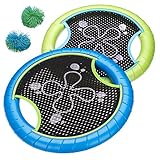 Nexos Trading Beachball Wurfspiel für Kinder 2 Frisbees mit 2 Wuschelbällen Gartenspiel Outdoor Klettball Catchball Strandspielzeug 4 teilig