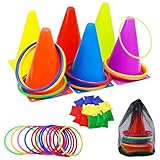 36 Stück Ringwurfspiel 3 in 1 Weihnachten Wurfspiel mit Sitzsäcken Kunststoffreifen Kegelmarkern und Tragetasche Sackhüpfen Outdoor Spiele für Kinder(36)