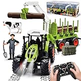 BuzzoXerex Ferngesteuerter Traktor Ferngesteuert, 1:16 RC Traktor mit Anhänger und Licht, 2.4 GHz Traktor Spielzeug mit Baumstämme, Kuh und Heuballen, Geschenk für Kinder ab 3 4 5 6 Jahre