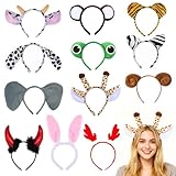Spetsbst Tier Haarreif mit Ohren 12 Stück Cartoon Animals Ohren Stirnbänder Set Tiger Giraffe Hasen Katze Kostüm Zubehör Kopfbedeckung für Erwachsene Kinder Party Karneval Geburtstag