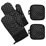 1 Paar Ofenhandschuhe Hitzebestaendig,Schwarz Topflappen Handschuh Anti-Rutsch Ofenhandschuhe Silikon mit 2 Topflappen,Silikon Handschuhe Backofen zum Kochen, Backen, Barbecue