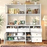 Restaurant-Hochschrank (145 x 39 x 171 cm), modernes und Schlichtes Design, mit Changhong-Glastür, Weinglasregal, mehrschichtiger Stauraum, Elegantes Weiß mit Golddekoration, geeignet für Restaurants