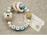 kleinerStorch Baby Motorik Spielzeug personalisiert mit Namen | Holz Lernspielzeug als Mädchen & Jungen Geschenk zur Geburt, Taufe | Bär in Weiss türkis