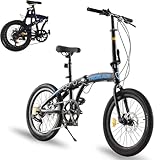 LSBIKE 20 Zoll Klapprad, 7-Gang Shimano Schaltung, Faltbares City Bike mit Scheibenbremse, Leichtes Fahrrad für Erwachsene & Jugendliche, Tragbares Stadtrad (Schwarz-Blau)