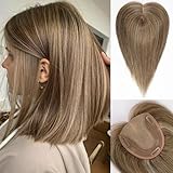 HAIRCUBE Haarteile für Frauen aus echtem menschlichem Haar, ohne Pony, 5 * 5,5 Zoll Basis, 14 Zoll Hellbraun, für Frauen mit dünner werdendem Haar, bedeckt graues Haar
