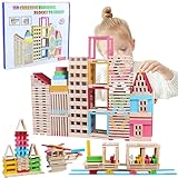 Holzbausteine Natur, 150 bunte Holzbausteine, Holzsteine zum Bauen, Holzbaukasten,Spielzeug ab 3 4 5 6 Jahre, Bauklötze Holz für Kinder,Geschenke Junge und Mädchen, Ostergeschenke, Kreatives
