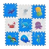 Relaxdays Puzzlematte mit Meerestieren, 9-teilige Spielmatte für Babys & Kinder, BxT: 86 x 86 cm, Schaumstoff, blau/weiß