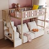 Hochbett Holzbett 90 x 200cm mit Treppe und Offene Ablagefächer, Kinderbett Einzelbett Funktionsbett mit Stern- und Mondschnitzereien für Jungen oder Mädchen (Holzfarbe)