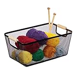 Relaxdays Drahtkorb mit Holzgriffen, eckig, Aufbewahrungskorb Metall, HBT 16,5 x 37 x 22,5 cm, Korb Küche & Bad, schwarz, 70% Stahl, 30% Holz