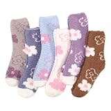 Halinuia 6 Paare Kuschelsocken Damen Flauschige Socken mit Blumen Wintersocken Warme Elastizität Schlafsocken Dicke Wintersocken Haussocken Stoppersocken für Weihnachten als Geschenke 36-41