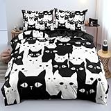 Luowei Halloween Bettwäsche 135x200 Katze Schwarz Weiß Bettwäsche Halloween Weich Kuschelig Microfaser Bettwäsche 2teilig für Kinder Jungen Mädchen Geschenk mit Reißverschluss und 80x80 cm Kissenbezug