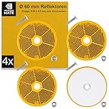 Runde Reflektoren zum Anschrauben, 4 Pack, Orange, Ø 60 mm Durchmesser, mit E-Prüfzeichen, inkl. M5 Schrauben + Muttern, Sicherheitsreflektor für Anhänger, Wohnwagen, Pfosten, Katzenauge rechts links