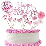 16 PCS Cake Topper Happy Birthday, Glitter Cake Topper, Kuchendekoration Geburtstag, Tortenaufsatz, Tortendeko, Tortenstecker Geburtstag, Kuchendeckel, Cupcake Topper Babyparty Topper(Rosa)