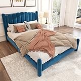 SUGBIU Polsterbett mit Lattenrost und Kopfteil, Samt Doppelbett mit Zylindrische Stützbeine, Ohne Matratze (Blau, 140x200cm)
