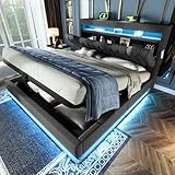 Polsterbett Doppelbett 140x200, LED Jugendbett Hydraulisches Bett Stauraumbett Funktionsbett Bettgestell mit Stauraum&Lattenrost, Stauraum-Kopfteil mit USB Type-C Aufladen, Leinen, Ohne Matratze, Grau
