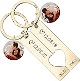 Exlarify Personalisierbare Paar-Schlüsselanhänger, personalisierbar, mit Name, Datum, Foto, Paare, passendes Schlüsselanhänger, Geschenk zum Valentinstag, Jahrestag, gold, 12*50mm