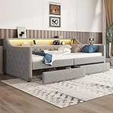 Daybett 90 x 200cm Tagesbett mit 2 Schubladen und USB-Ladebuchse Schlafsofa mit Ambientelicht Polsterbett für Erwachsene Jugendliche Einzelbett Gästebett Ohne Matratze Grau