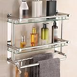 Wandmontiertes Badezimmer-Glasregal, Edelstahl, mehrstöckig, mit Haken und Handtuchstange, gehärtetes Glas, Aufbewahrungs-Organizer, 3 Schichten für Badezimmerutensilien