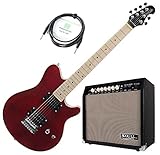 Rocktile Pro MM150-TR E-Gitarre Verstärker Set - Ahorn Griffbrett - Vintage String Thru Tremolo - 30 Watt Gitarrencombo mit 2 Kanälen (Clean/Drive) - 8' Speaker - Gitarrenkabel - Transparent Red