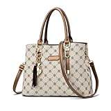 NICOLE & DORIS Damen Handtasche Elegante Schultertaschen Bedruckte Handtaschen PU Leder Frauen Umhängetasche Shopper Tote Mittelgross Tasche Henkeltasche mit Anhänger Beige mit Braun