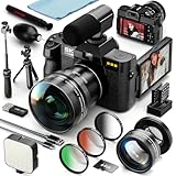 5K-Digitalkamera für Fotografie & Vlogging – 64 MP, 180°-Flipdisplay, 2 Akkus, 64 GB SD-Karte, 16-facher Zoom, WLAN, 3 Farbfilter, Mikrofon, Stativ & Weitwinkel-/Makro-Objektiv-Kit(Schwarz)
