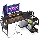 ODK Schreibtisch l Form, Gaming Tisch L Form, Eckschreibtisch mit USB-Ladeanschluss & Steckdose, Ecktisch mit Regal Reversibe & Monitorregal für Büro, Heimbüro (Schwarz, 120x80cm)