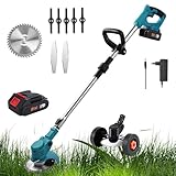 Elektrischer, kabelloser Rasentrimmer, 21 V, kabellos, mit Akku, mit Rädern & mit 3 Arten von Klingen, zusammenklappbar, schwenkbarer Kopf, 90 °, für Garten, Rasen, Bauernhof (eine Batterie)