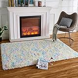HARESLE Regenbogen Teppich,Dickfloriger Schlafzimmerteppich, Superweicher Flauschiger Rutschfester Wohnzimmerteppich, Flächenteppich für Kinderzimmer (Regenbogen/80x120cm)