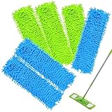HTTYHT 6er-Pack handwaschbare Chenille-Flachmopp-Ersatztücher 42 x 12 cm Wischmopp Bezug aus Mikrofaser in Blau /Grün für Alle Gängigen Klapphalter - Flachwischer Bezug für Alle Bodenarten