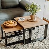 LEHMANN Wohnzimmertisch Holz, Couchtisch 2er Set in 2 Größen, Beistelltisch Holz, Wohnzimmer Tisch für Couch mit Schwarzem Gestell und Holzplatte, beistelltische fürs Wohnzimmer Set, Simple modern