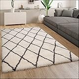 Paco Home Teppich Wohnzimmer Hochflor Schlafzimmer Weich Shaggy Flokati Rauten Skandi Muster Modern Creme Weiß, Grösse:160x230 cm