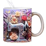 Quilters Kaffeetasse – Bemalte Tasse zum Nähen, Kaffeetasse aus Keramik mit Blumenmuster | Neuheit Quiltmaschine Design Milchkaffee-Teetasse