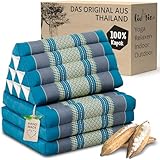 livasia Thaikissen mit 3 Auflagen - 175x50x8cm - Dreieckskissen mit Klappmatratze, Keilkissen Kapok, Rückenkissen faltbar, Thaimatte zum Klappen, handgefertigt, Meditationskissen (Hellblau)
