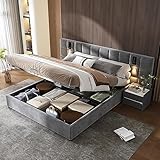 SUGBIU Polsterbett mit Kopfteil und Lattenrost, Samt Doppelbett Hydraulisch Stauraumbett, Ohne Matratze und Nachttischen (Grau, 160x200cm)