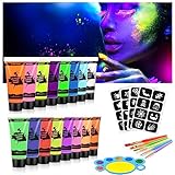 AOOWU UV Bodypainting, 16 Farben Kinderschminke Glitzer Schminke Schwarzlicht Set, Gesichtsfarbe und Körperfarbe, Schminke UV Farbe Schminke für Karneval Make-up Fasching