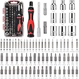 Amazon Basics Ratschenschlüssel magnetisch und PräzisionsSchraubendreher für Elektronik, 73 stück, 1er-Pack, Schwarz/Silber/Rot
