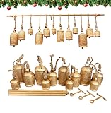 Set aus riesigen Vintage Rustikalen Zinn Metall Harmonie Kuh Glocken Komplett 12 Riesige XXL Rustikale Handgefertigte Glocken auf Juteseil mit Stab