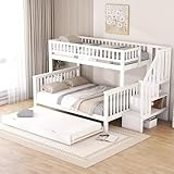LAKFEW Kinderbett Doppelbett 140x200, Einzelbett 90x200 mit Ausziehbett 90x190, Familienbett Hochbett mit Stauraumtreppe und Handlauf, Etagenbett mit Lattenrost, Ohne Matratze, Weiß
