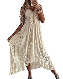 SANSIWU Damen V-Ausschnitt, ärmellos, Strick, Spitze, Ausschnitt, Sling-Maxikleid, Rüschen, offener Rücken, unregelmäßiger Saum, Vintage-Partykleid, Boho, einfarbig, Strandkleid, Beige, XL