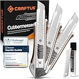 CRAFTUS® Profi Cuttermesser Set [3 Stück] aus Aluminium für Maximale Lebensdauer, Robuste Teppichmesser inkl. 10 SK5 Carbonstahl Abbrechklingen 18mm, für Heimwerker & Gewerbe