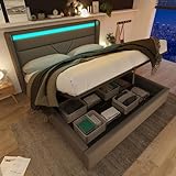 Kehun Polsterbett Doppelbett 160x200 cm mit LED-Kopfteil, Bett mit Stauraum, Stauraumbett mit Lattenrost und Bettkasten, Modern Hydraulisches Metallrahmen, PU, Grau, Ohne Matratze