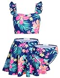 Arshiner Mädchen Bikini 3-Teiliges Set Blumendruck Badeanzug Kinder Tankini mit Rock Urlaub Surf Bademode Blau Schwimmbekleidung 140/8-9 Jahre