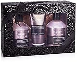 BRUBAKER Beautyset Cherry Blossom Skin + Spa - 4 tlg. Bade- und Duschset mit Kirschblüten Duft in Glitzer Geschenkbox Schwarz + Kosmetiktasche