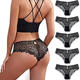 Zueauns Unterhosen Damen Slips mit Spitze Lace Hipster Unterwäsche Höschen Sexy Spitzen Frauen Bikinis Panties Pantys 5 Stück(Schwarz,L)