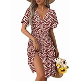 CLOUSPO Sommerkleid Damen Elegant Kurzarm Freizeit Kleider Strandkleid mit V Ausschnitt Midi Summer Dress Knielang A-Linie Tunika Kleid mit Taschen für Strand